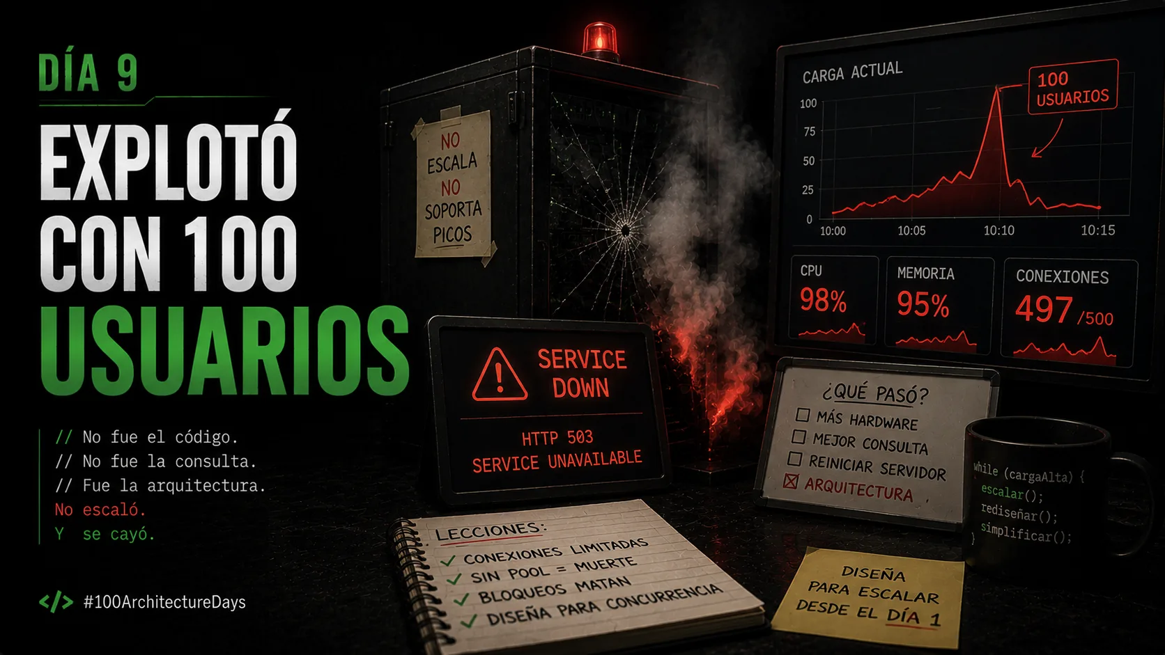 Día 9: Tu app funcionó todo el QA. El lunes a las 9am explotó con 100 usuarios.